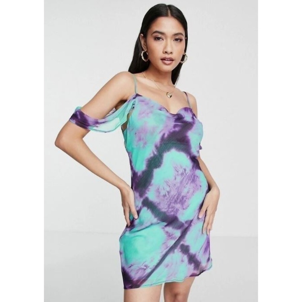 Topshop Women's Off Shoulder Cami Mini Dress in Blue Tie Dye Print-Multi Size 12